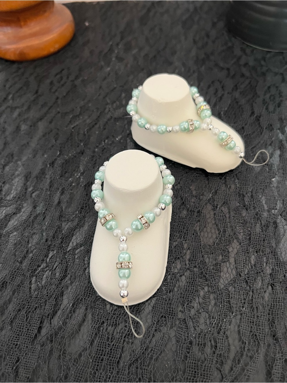 Mint Green Beaded Barefoot Sandals Set with Rhinestone Accents